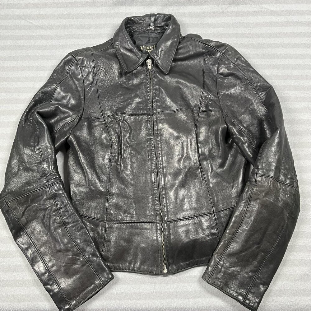 Vinetti Jacket Womens Small Black Lambskin Leather Zip Front Collared Fitted